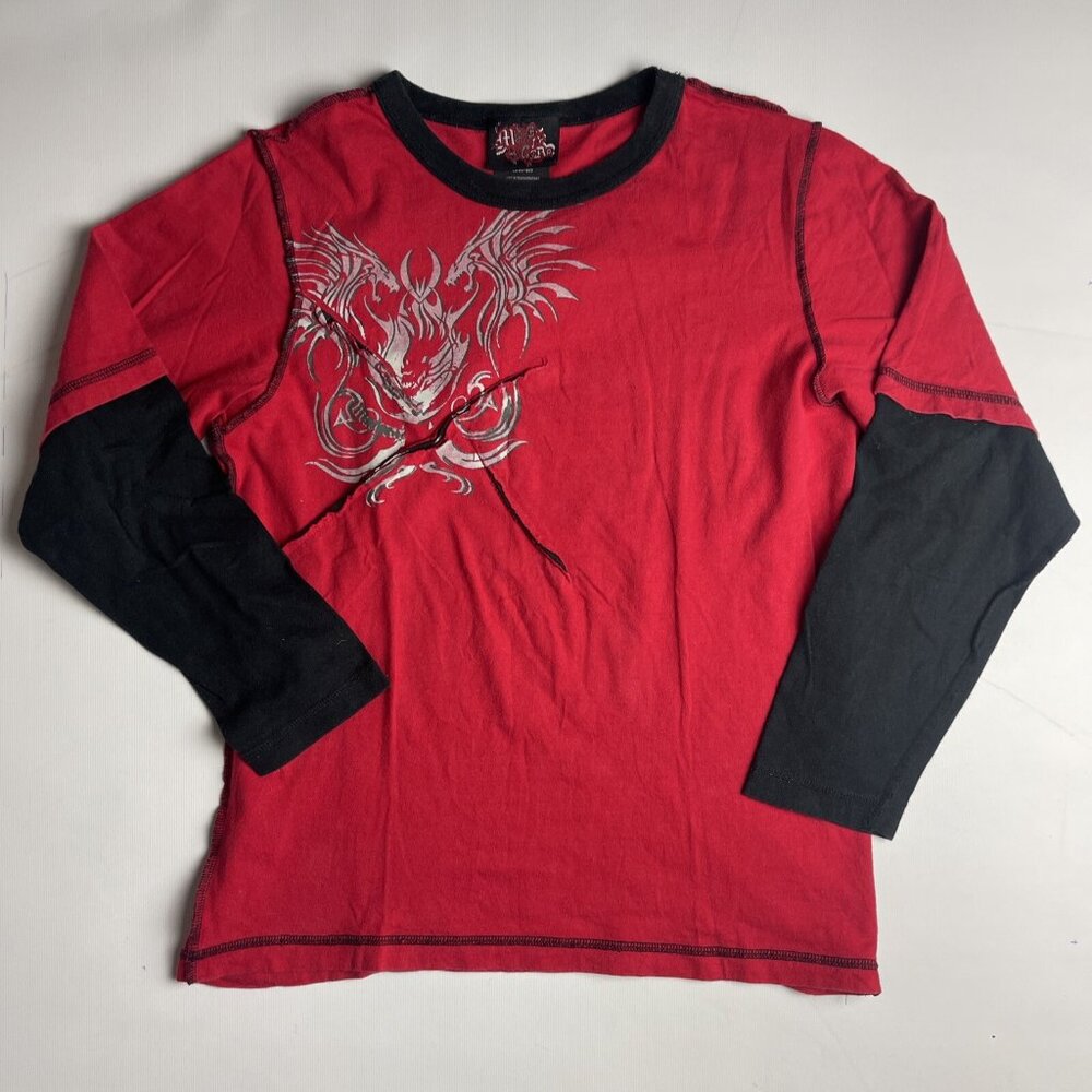 VTG Y2K MacGear Youth Sz L Gothic Layered Long Sleeve Red Dragon